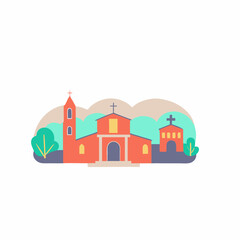 Obraz premium Colorful church buildings with crosses and trees in a serene landscape, spiritual illustration, copy space