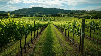 Fototapeta premium Serene Vineyard Landscape with Lush Green Rows of Grapes in the Countryside Under a Clear Sky Surrounded by Rolling Hills and Vibrant Greenery