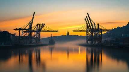 Obraz premium Sunrise Silhouette. Harbor Cranes Reflect in Misty Water