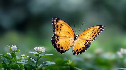 Obraz premium The vibrant orange butterfly gracefully flutters among the lush greenery of the garden, creating a mesmerizing contrast against the blurred background