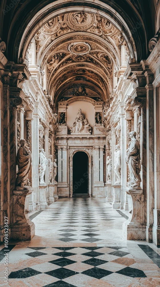 Poster exquisite entryway featuring grand marble columns and statues in a stunning architectural setting wi