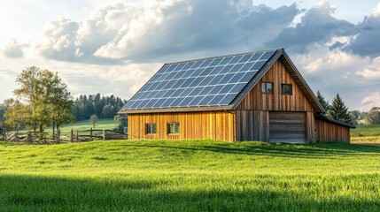Obraz premium Modern Barn Structure with Solar Panels on the Roof Surrounded by Lush Green Fields and Scenic Landscape under a Dramatic Sky