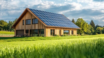 Obraz premium Modern Barn House Surrounded by Lush Green Fields with Solar Panels on the Roof, Showcasing Sustainable Architectural Design in Nature