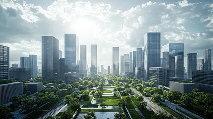A Modern Cityscape Featuring Sleek Skyscrapers Surrounded by Lush Greenery Under a Dramatic Sky in a Bustling Urban Environment