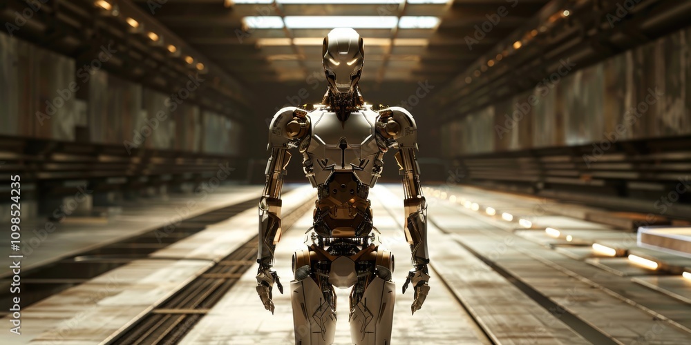 Poster a robot is standing in a large room. the robot is white and has a metallic appearance. the room is e