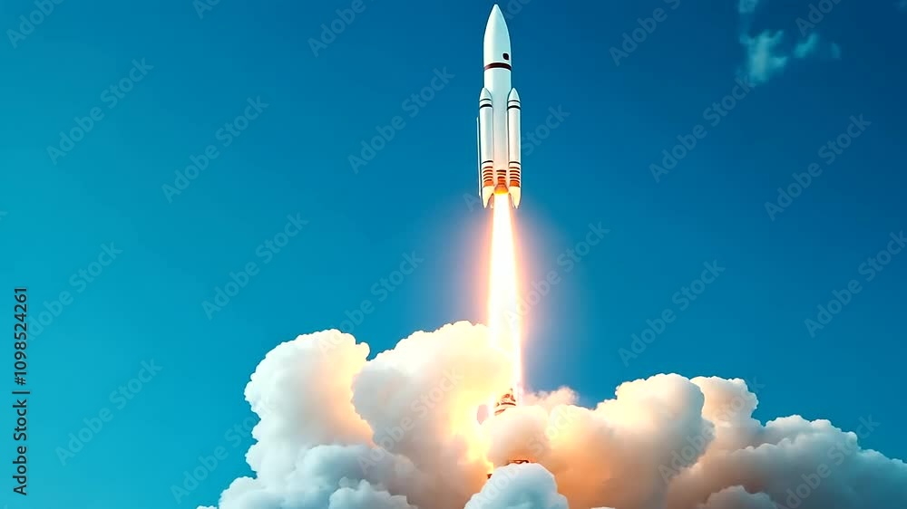 Poster a digital rendering of a rocket blasting off from a laptop screen, with billowing clouds surrounding
