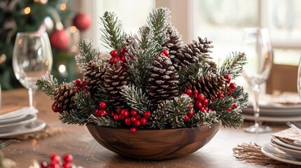 Festive Pinecone Centerpiece on Dining Table with Frosted Window and Holiday Decor