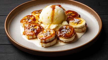 Deliciously Caramelized Bananas with Creamy Ice Cream on a Rustic Plate with Drizzled Sauce and Garnishes for a Tempting Dessert Experience