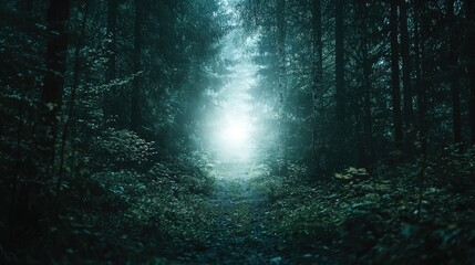 Obraz premium Mysterious Glowing Light Emerging From Deep Within a Dense Forest Inviting Exploration and Intrigue in a Dreamlike Atmosphere