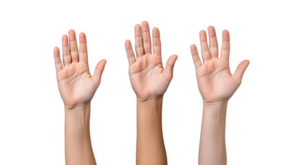 Diverse human hands raised with open palms on transparent background