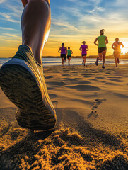 Beachside Running: Energetic Runner and Close-up views of Footsteps  in the Sand and Sunset