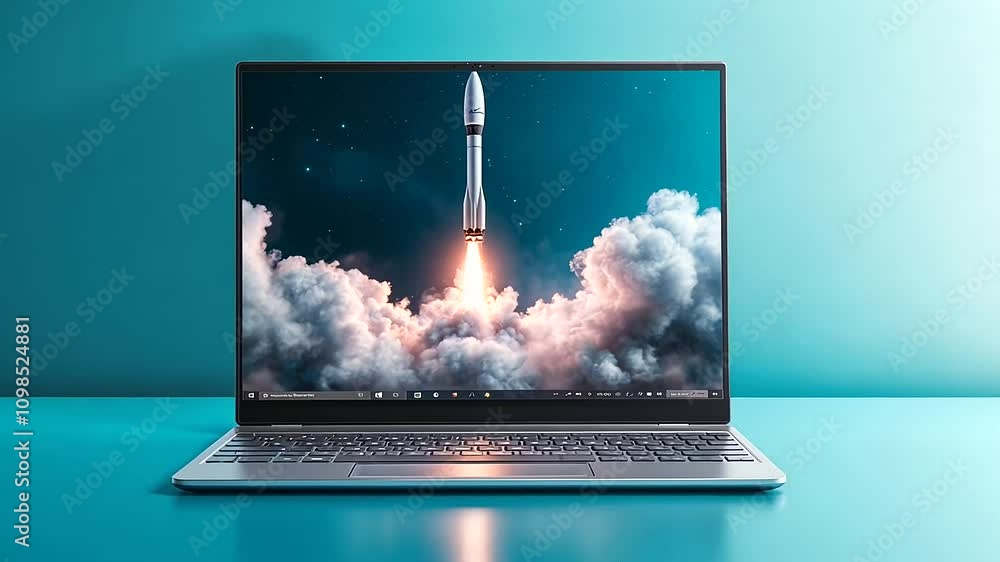 Poster a laptop featuring a rocket launch on its screen, with wispy clouds curling around the device, all h