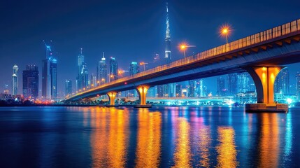 Stunning Night View of a City Skyline with Illuminated Bridge Over Water, Featuring Vibrant Lights and Reflective Scenery in a Urban Landscape