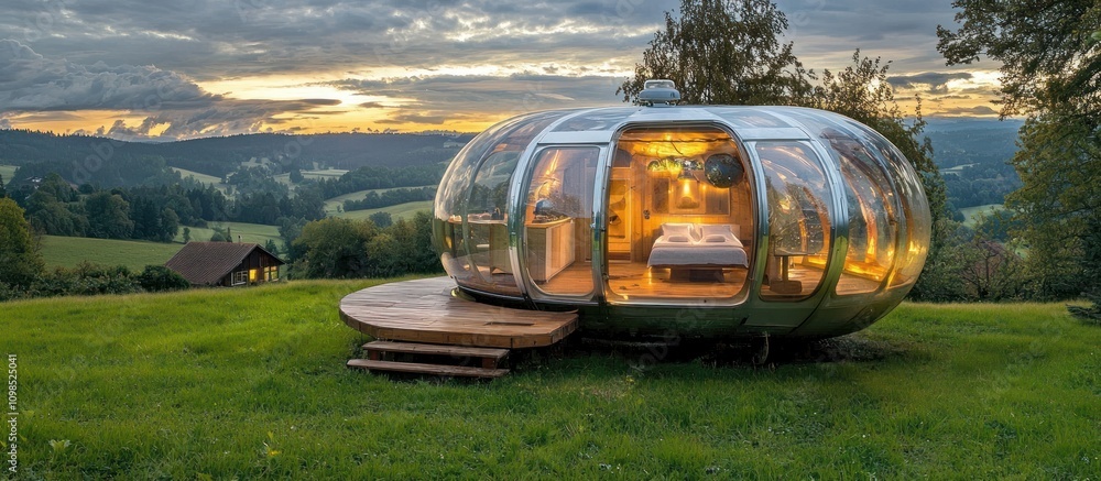 Wall mural Futuristic silver pod cabin on grassy hilltop at sunset.