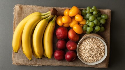 Colorful Arrangement of Fresh Fruits Including Bananas, Grapes, Plums, and Yellow Tomatoes on a Rustic Fabric Background with Oats in a Bowl