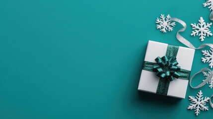 A beautifully wrapped gift box with a teal ribbon and bow on a vibrant teal background, surrounded by white snowflakes, perfect for holiday themes and celebrations.