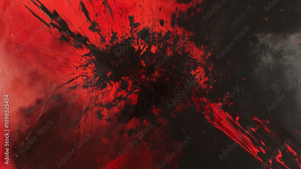 Poster vibrant abstract art featuring a dynamic splash of red and black paint, creating an energetic and bo