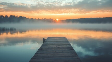 Fototapeta premium Tranquil Sunrise Over Misty Lakeside Dock with Calm Waters Reflecting Soft Hues of Morning Light and a Serene Atmosphere in Nature's Embrace