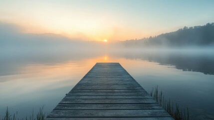 Fototapeta premium Serene Sunrise at a Lakeside Dock Surrounded by Misty Waters and a Calm Reflection, Perfect for Tranquil Nature Moments and Peaceful Scenic Views