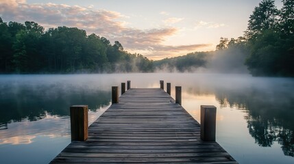 Obraz premium Serene Morning at Lakeside Dock with Mist Rising Over Calm Water at Sunrise in a Peaceful Natural Setting