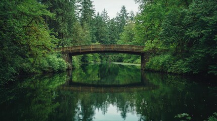Serene Scenic View of a Charming Bridge Over a Calm River Surrounded by Lush Greenery and Tall Trees in a Picturesque Natural Setting