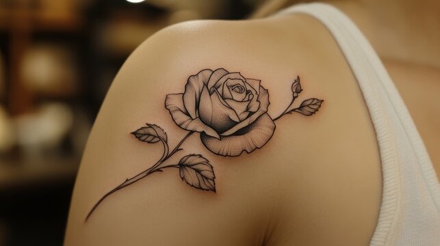 Delicate Rose Tattoo on a Womans Shoulder