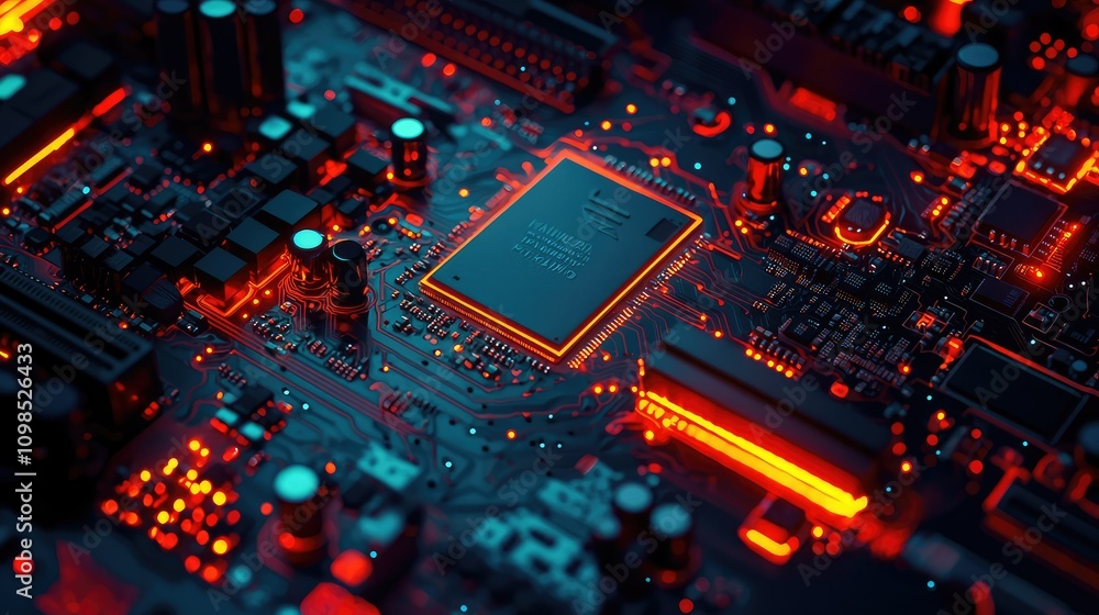 Aufkleber close-up view of a high-tech processor chip on a circuit board, with glowing red and orange highligh