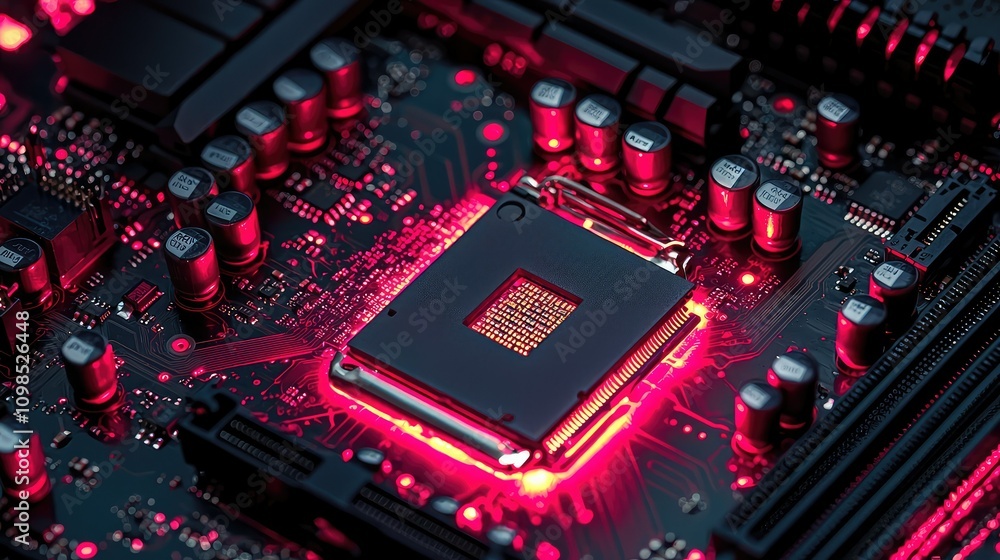 Poster glowing gaming processor chip on a circuit board with vibrant red highlights, showcasing advanced te