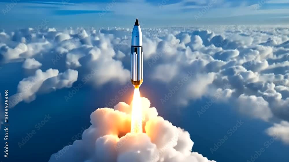 Poster a striking image of a laptop with a rocket launching from its screen, clouds billowing around it as 
