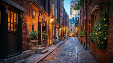 Obraz premium Serene Historic Alleyway in a Quiet City Illuminated by Warm Lights Showcasing Charming Architecture and Cobblestone Pathways at Dusk