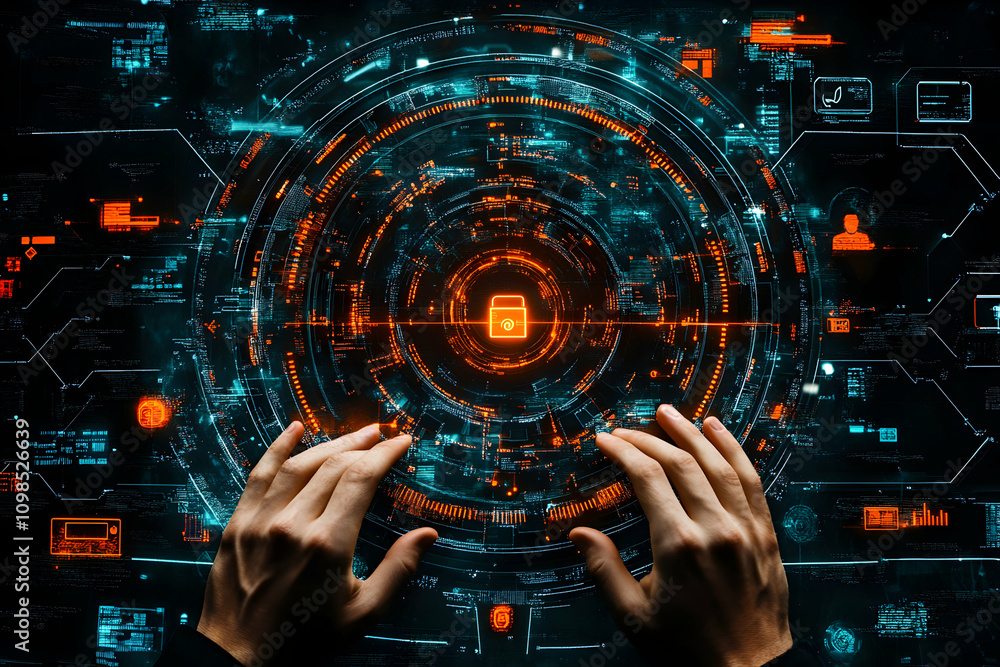 Poster digital security interface, hands interact with cybernetic lock hud