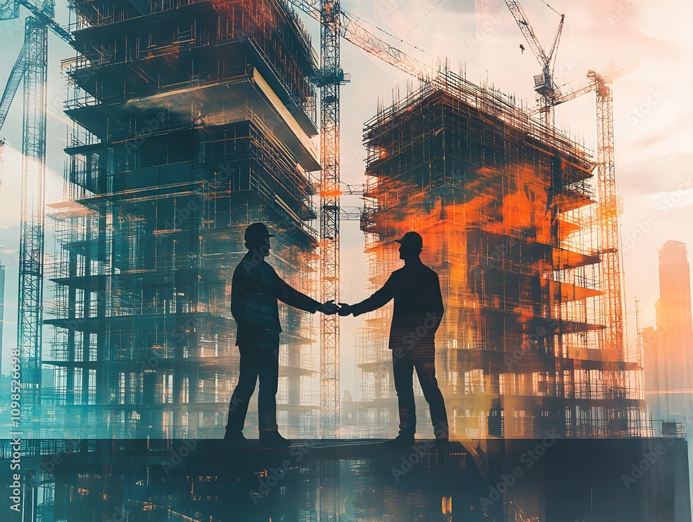 Aufkleber two business partners shaking hands against a backdrop of building construction and cranes at sunset