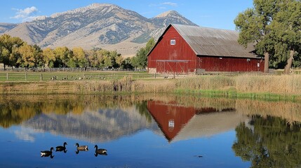 Obraz premium Serene Red Barn Reflected in Pond with Ducks Swimming Nearby Under Clear Blue Sky and Majestic Mountain Backdrop