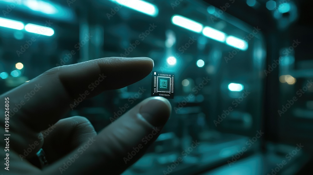 Poster close-up of a robotic hand holding a tiny processor chip in a high-tech environment with blue lighti