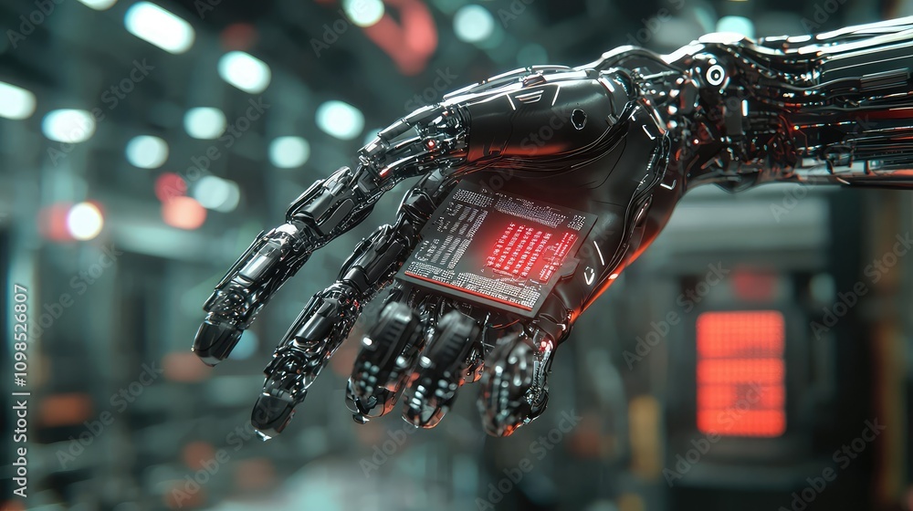 Poster a close-up view of a robotic finger delicately holding a tiny processor chip inside a futuristic lab