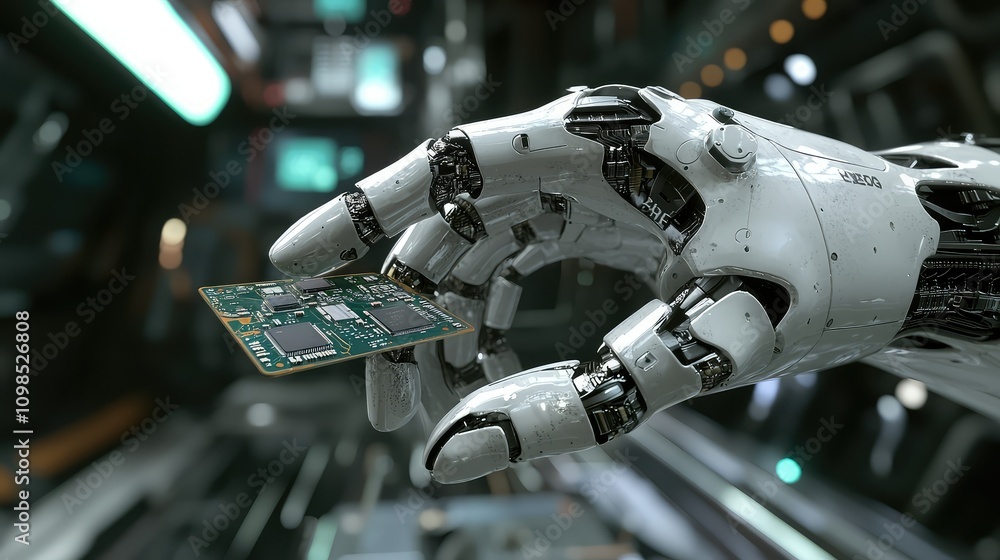Poster robotic hand holding tiny processor chip in futuristic environment, showcasing advanced technology a