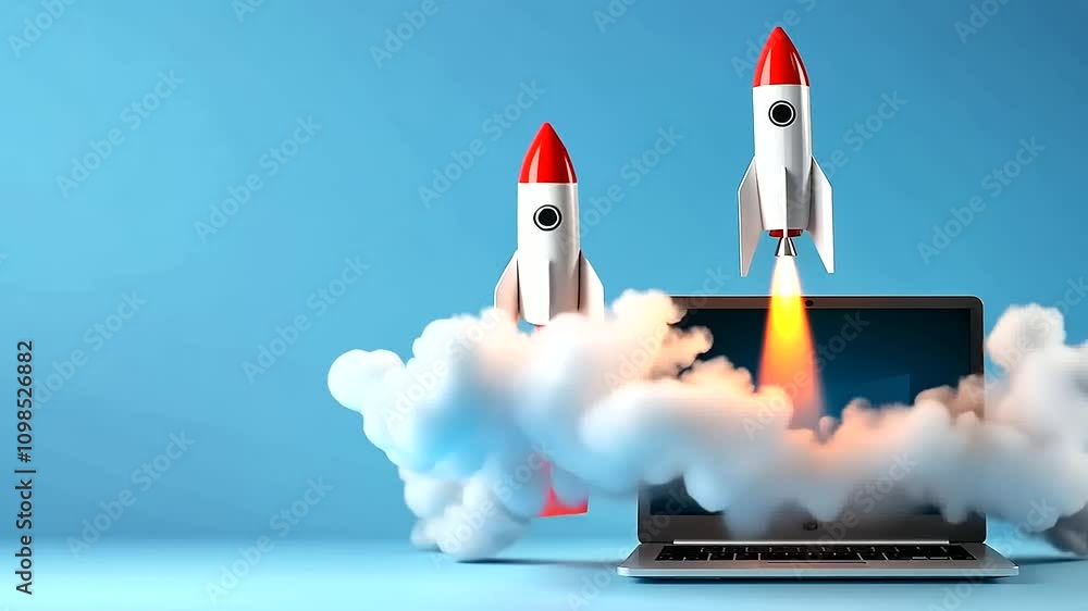 Poster a visually appealing image of a laptop with a rocket launching from its screen, enveloped in clouds,