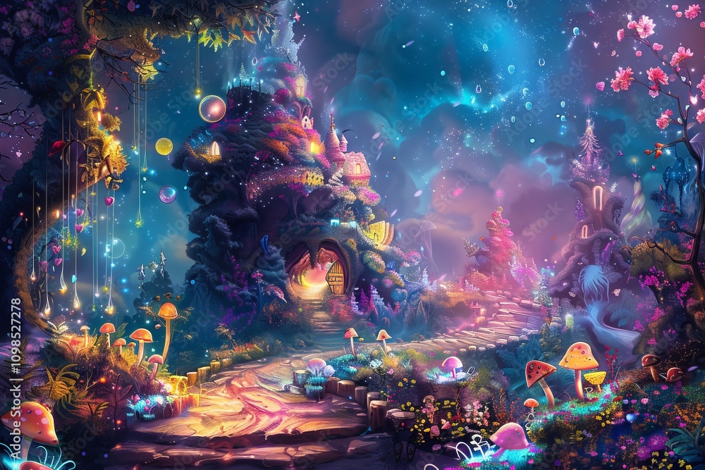 Poster a colorful fantasy world with a castle and a path leading to it. the castle is surrounded by trees a