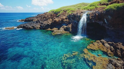 Majestic Cascading Waterfall Flowing Down Rocky Cliffs into Crystal Clear Ocean Waters Surrounded by Lush Greenery and Stunning Blue Skies