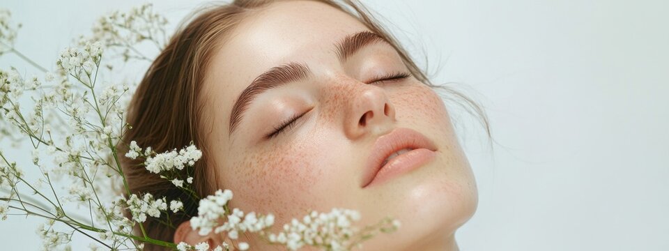 Woman covering eyes with white flowers representing purity and spring. Panorama banner Closeup face of young beautiful with a healthy clean skin.