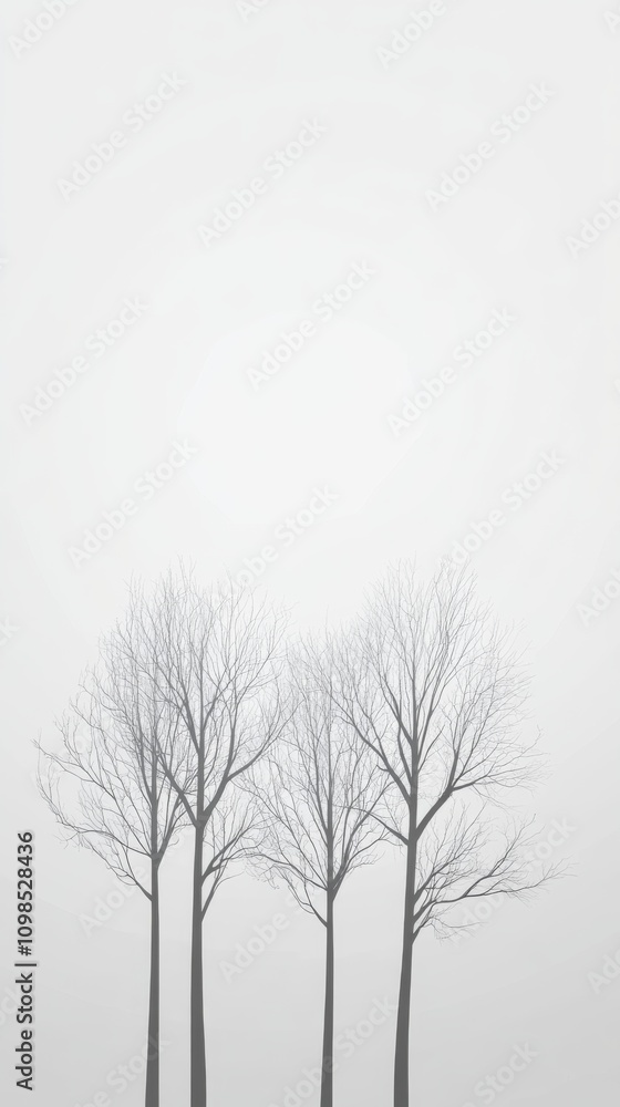 Poster three trees are standing in a field. the sky is cloudy and grey. the trees are bare and have no leav