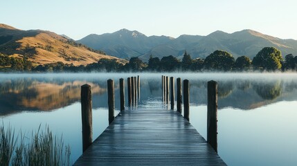 Serene Lakeside Scene with a Wooden Pier Emerging from Misty Waters at Dawn, Surrounded by Lush Greenery and Majestic Mountains in the Distance