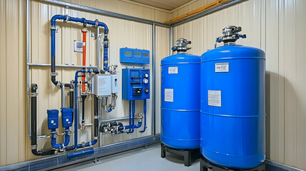 Industrial Water Filtration System,  Two Large Blue Tanks and Complex Piping Network Installed in a Facility