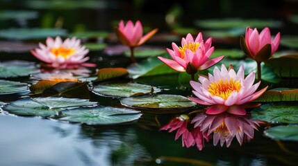 Serene Lotus Pond with Blooming Flowers and Lily Pads, Captivating Reflection of Nature's Beauty