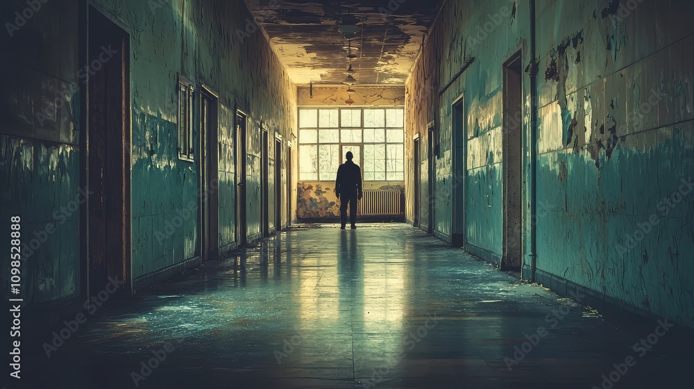 Poster mysterious shadowy figure standing at the end of a long, empty corridor with dim light and weathered