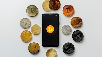 Cryptocurrency Coins Around Smartphone Displaying App