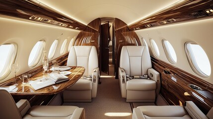 Fototapeta premium Luxurious Private Jet Interior Featuring Sleek Leather Seating and Elegant Wood Finishes Designed for Comfort and Sophisticated Travel Experience