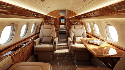 Fototapeta premium Luxury Private Jet Interior Featuring Sleek Leather Seating, Elegant Wood Accents, and Sophisticated Design for Ultimate Comfort and Style