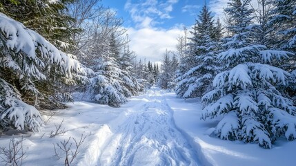 Obraz premium Serene Winter Wonderland Hiking Trail Covered in Snow, Featuring Dusting of Snow on Pines Beneath Bright Blue Sky with Wispy Clouds, Perfect for Nature Lovers and Outdoor Adventurers