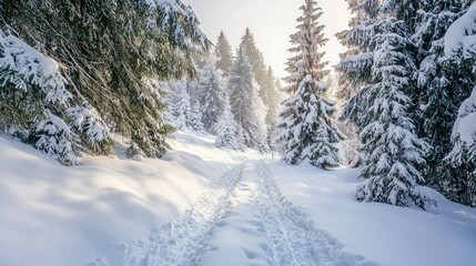 Serene Hiking Trail in a Snow-Covered Winter Wonderland with Tall Pine Trees and Soft Sunlight Illuminating the Scenic Pathway